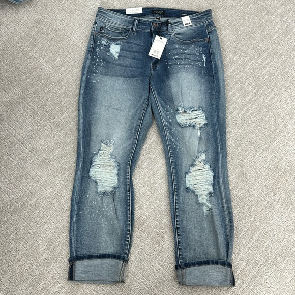 NEW NWT Judy Blue “Nikki” Destroyed Bleach Splatter Boyfriend Jeans denim blue - Picture 4 of 11
